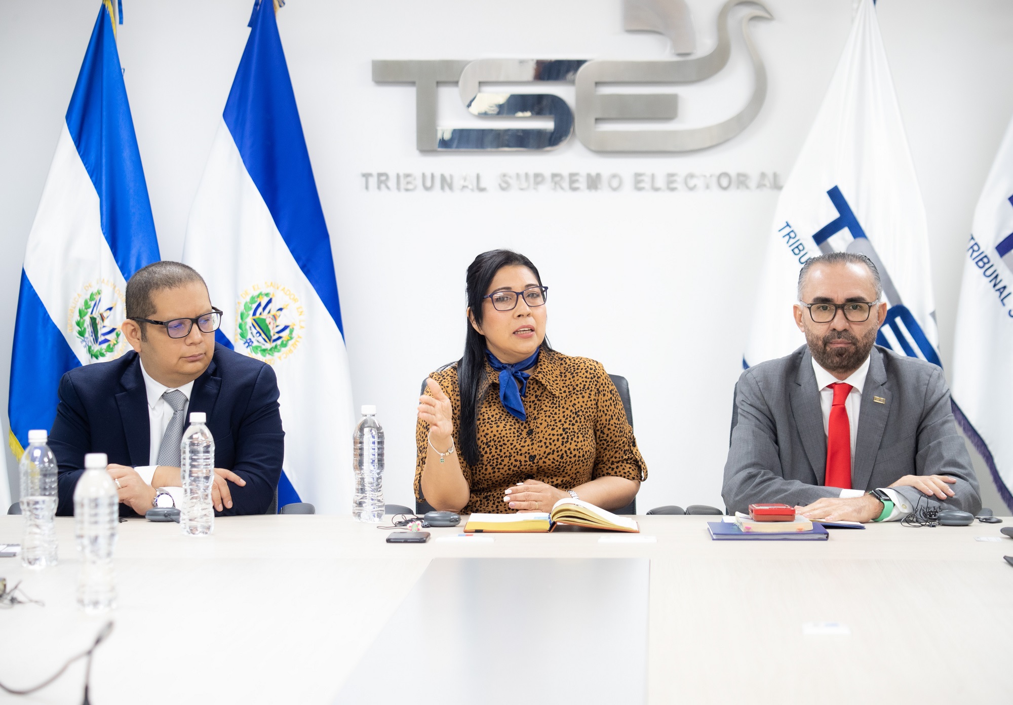 Magistrados del TSE durante una sesión de trabajo en el TSE: Rubén Meléndez (izquierda), Dora Martínez de Barahona y Noel Orellana. Los tres emitieron su voto a favor de varias resoluciones que permitieron inscribir a Fuerza Solidaria. Foto: cortesía.