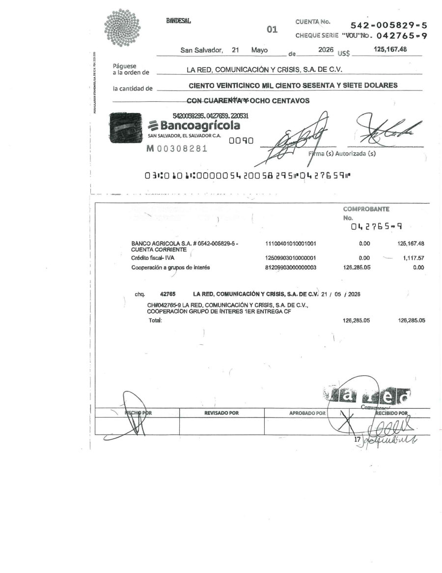Cheque 042765-9 y acta de entrega, 21 may de 2026